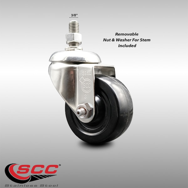 3 Inch 316SS Soft Rubber Wheel Swivel 3/8 Inch Threaded Stem Caster SCC